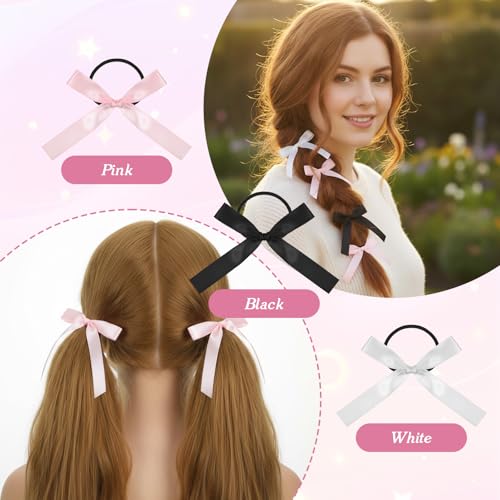 18PCS Silky Satin Hair Bows Ties for Girls, Bowknot Ribbon Ponytail Holders, Ribbon Hair Bows for Women Girls, Elastics Hairscrunchies for Thick Thin, Elastic Hairbands(White/Black/Pink)