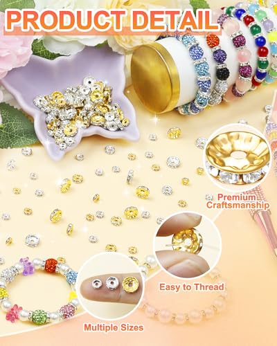 FIVEIZERO 300PCS Gold Silver Rhinestone Spacer Beads, 6/8/10mm | 1.5/2/2.5mm Holes, Secure Inlay, Organized Box, For Beaded Pens, Bracelets, Necklaces, Earrings, DIY Crafts - color: Silver/Gold,6mm/8mm/10mm