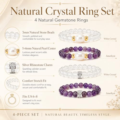 4Pcs Crystal and Amethyst Beaded Ring Set for Women, Handmade Stackable Stretch Rings with Pearl Accent, Dainty Gift Jewelry