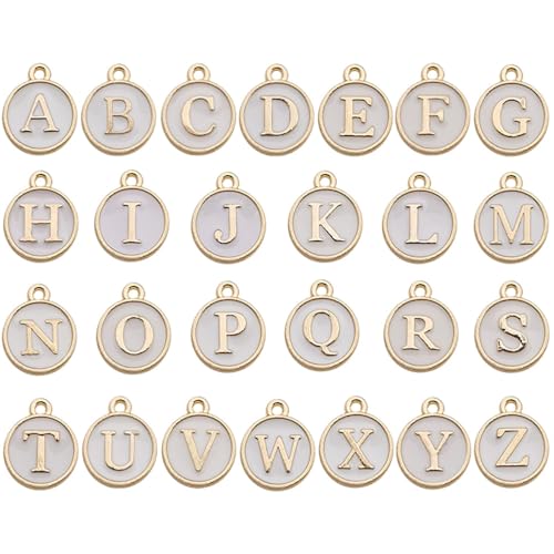 A-Z Letter Charms Round Enamel Alphabet Initial Pendant for Jewelry Making,Double-Side for Necklace Bracelet Earring DIY Craft - color: 1 set(26pcs)-White