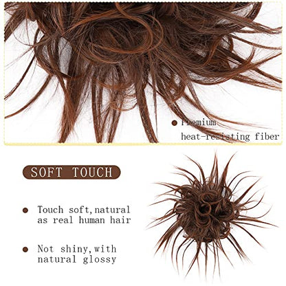 HMD Tousled Updo Messy Bun Hairpiece Hair Extension Ponytail for Women | Synthetic Hair Bun Extension with Elastic Rubber Band, Tousled Updo Messy Bun Hairpiece for Ponytail Styles Daily Party - color: Dark Brown mix Light Auburn