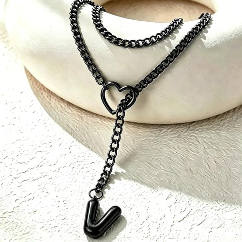 Black Heart Slip Chain Initial Necklaces for Women, Stainless Steel Wrap Choker Necklace, Gothic O-Ring Adjustable Lariat Y Necklaces, Punk Cuban Collar Choker Necklace, Halloween Jewelry Gift - color: Black V