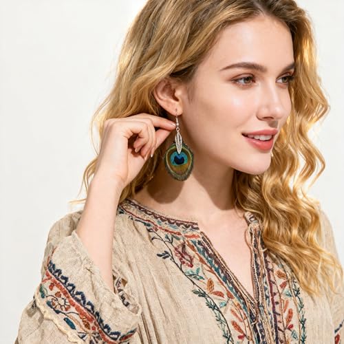 Feather Earrings for Women, Sterling Silver Hook Boho Style Peacock Long Feather Jewelry - color: Peacock Feather-4