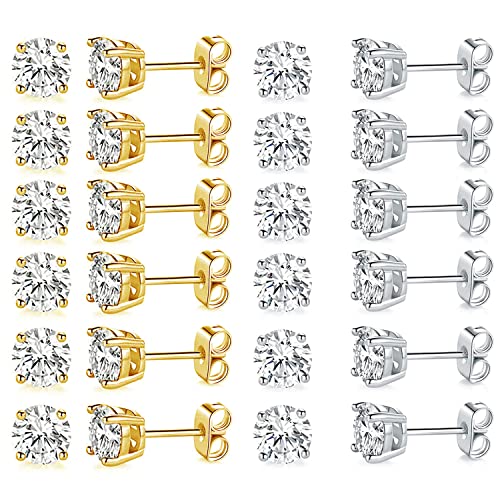 MDFUN Hypoallergenic CZ Stud Earrings Set for Women/Men,6 Pairs 18K Gold Plated Round 3-8mm Clear Cubic Zirconia Earring Pack Jewelry Gift - color: White and Yellow gold-7mm-12 pairs