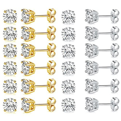 MDFUN Hypoallergenic CZ Stud Earrings Set for Women/Men,6 Pairs 18K Gold Plated Round 3-8mm Clear Cubic Zirconia Earring Pack Jewelry Gift - color: White and Yellow gold-7mm-12 pairs
