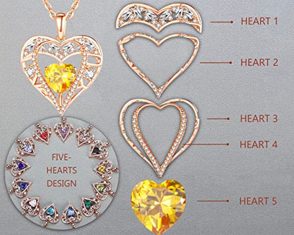 5 Heart I Love You Necklace for Women, Birthstone Crystal Pendant, Birthday Gift for Her, Wife, Mom, Rose Gold or Gunmetal Plated, 925 Sterling Silver Chain 18"+2" - color: 11-November-Citrine Yellow-Rose Gold Plated