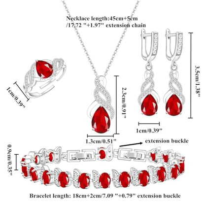 LMXXVJ Jewelry Set for Women,Teardrop Cubic Zirconia Necklace Earrings Adjustable Ring Bracelet Jewelry Set Formal Jewelry Gift - color: MHSD-White Gold-Ruby Red