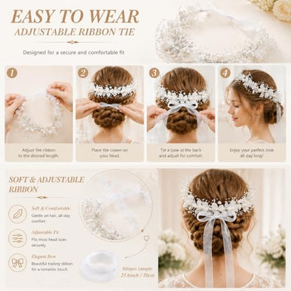 2 Pcs Flower Girl Headpiece, Silver Pearl Rhinestone Flower Hair Accessories Princess Headband for Bridal Wedding First Communion (pink) - color: pink