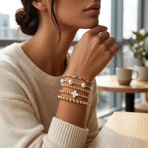 Gold Beaded Bracelets Stack for Women Stackable 14K Gold Plated Beads Ball Cross Bracelet Boho Christian Jewelry Faith Friendship Birthday Gifts for Women - color: White-2