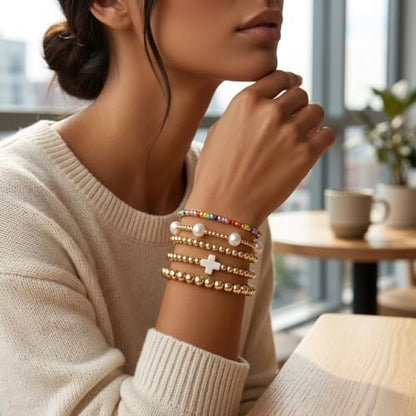 Gold Beaded Bracelets Stack for Women Stackable 14K Gold Plated Beads Ball Cross Bracelet Boho Christian Jewelry Faith Friendship Birthday Gifts for Women - color: White-2