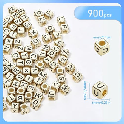 900Pcs Acrylic Gold Letter Beads Alphabet Colorful Letter Black Cube Beads for Friendship Bracelets and Gifts Souvenir Jewelry Making(6 * 6mm Cube) - color: Black Gold(Cube)