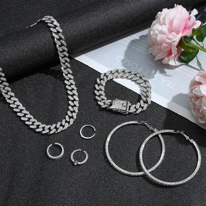 NEWITIN 7 Pieces Silver Jewelry Set for Women Dainty Cubic Zirconia Cuban Link Chain Necklace Bracelet Ring Sparkly Crystal Earrings Cuban Jewelry Set for Women Men - color: Silver 18 Inches