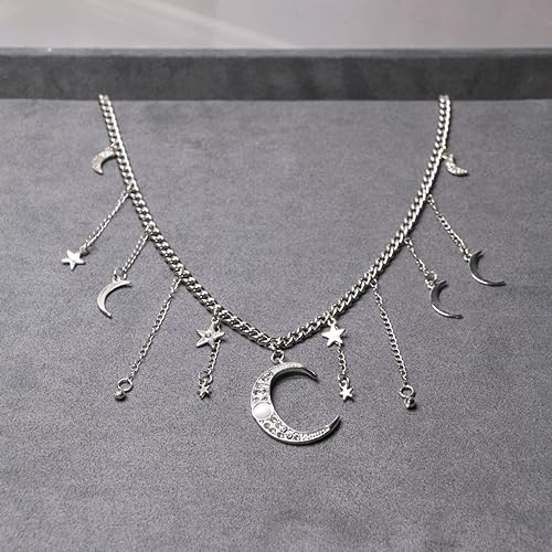 Moon Stars Tassel Pendant Necklaces Big Moon Clavicle Necklace Star Tassel Collarbone Chain Fashion Moon Choker Celestial Star Long Tassel Neck Accessories Jewelry for Women - color: Silver