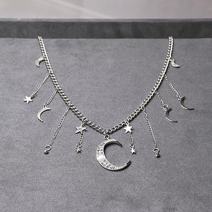 Moon Stars Tassel Pendant Necklaces Big Moon Clavicle Necklace Star Tassel Collarbone Chain Fashion Moon Choker Celestial Star Long Tassel Neck Accessories Jewelry for Women - color: Silver