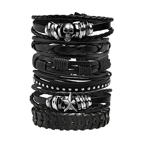 MILAKOO 6Pcs Punk Leather Bracelets for Women Men Braided PU Wristband Skull Skeleton Accessories - color: A: Black