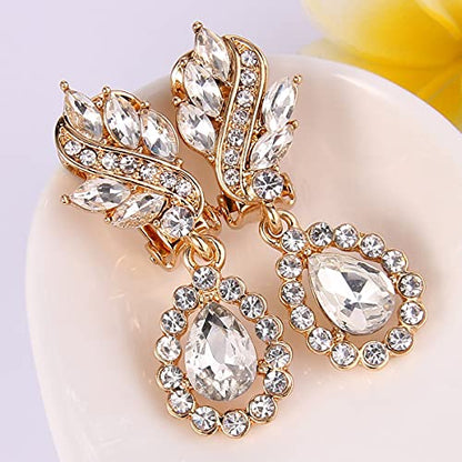 EleQueen Women's Austrian Crystal Art Deco Tear Drop Dangle Earrings Clip-on - color: 04-Gold-tone Clear