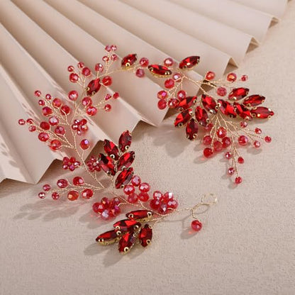 Teyglen Red Crystal Rhinestone Wedding Headband Bridal Crystal Hair Piece Sparkly Crystal Bride Wedding Hair Vine Hair Accessories for Women Bridal Party Prom Jewelry(Red) - color: Red