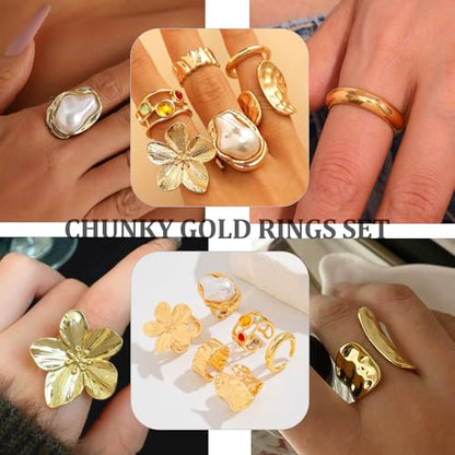 Chunky Stackable Rings Set for Women Non Tarnish Adjustable Open Stacking Knuckle Ring Chunky Joint Finger Midi Rings Pack Dainty Simple Statement Jewelry - style: D-6pcs flower pearl