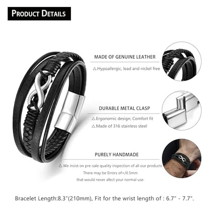 Men's Leather Infinity Bracelet Stainless Steel Number 8 Wristband Cuff Bangle Bracelets Gifts for Men, 8.3 & 9.1 inches - color: 02.Five-layers leather & silver infinity, size: 8.3inch(Fits most wrists.)