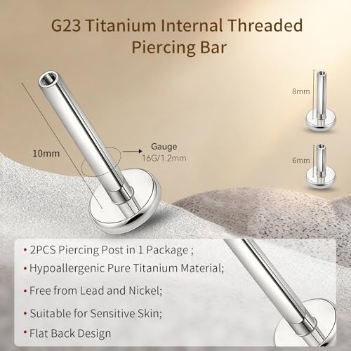 limerencia 16G/18G Hypoallergenic Internal Threaded Titanium Bar Post Replacement,Flat Back Stud Earrings Post Medusa Helix Couch Labret Bar for Women Men Sensitive Ears(A Pair) - color: silver tone, size: 16G-10mm