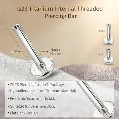 limerencia 16G/18G Hypoallergenic Internal Threaded Titanium Bar Post Replacement,Flat Back Stud Earrings Post Medusa Helix Couch Labret Bar for Women Men Sensitive Ears(A Pair) - color: silver tone, size: 16G-10mm