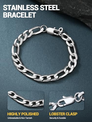 PROSTEEL Bracelets for Men, Figaro/Cuban Mens Bracelet, Silver/Gold/Black | 6/9/13mm Width, 7.5/8.3/9" Length, Stainless Steel Mens Bracelet, Durable & Non Tarnish, Chunky Jewelry with Gift Box - style: A 6mm-Figaro-Sliver
