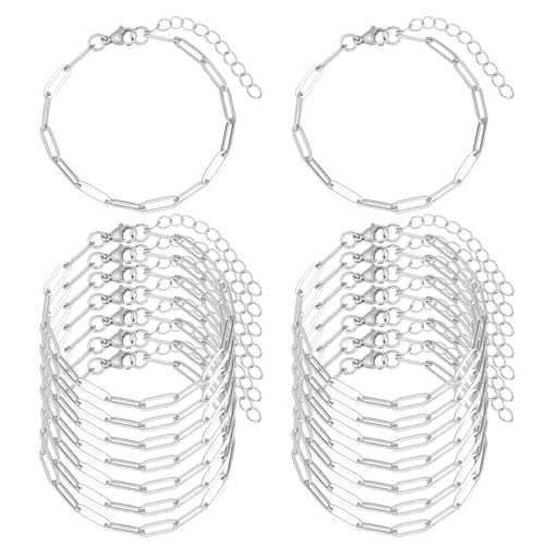 16 Pack Charm Bracelet Chain Bulk Gold Plated Stainless Steel Paperclip Chains Bracelets for DIY Jewelry Making - color: Silver