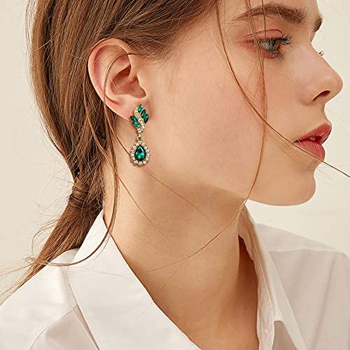 EleQueen Women's Austrian Crystal Art Deco Tear Drop Dangle Earrings Clip-on - color: 06-Gold-tone Emerald Color