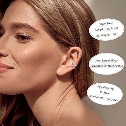 Ear Cuff Earrings for Women 14K Gold Plated Ear Cuffs Non Piercing Clip on Cartilage Earring Trendy Fake Earrings Hypoallergenic Huggie Hoop Clip Cuff Earring Lightweight - color: silver-simple A