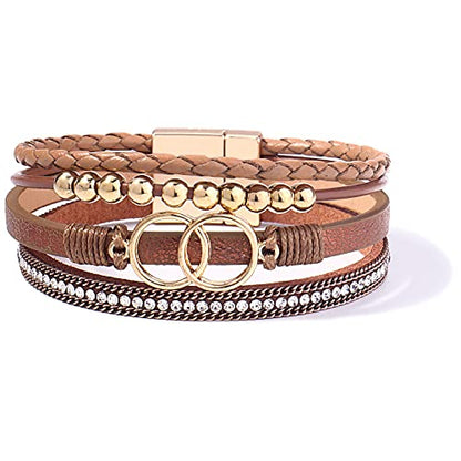 Chunky Boho Leather Wrap Bracelets Cowgirl Beaded Circle Western Jewelry | Stackable Infinity Layered Bohemian Magnetic Clasp Cuff Statement Fashion Colorful Country Hippie Outfits for Women Trendy - color: Brown