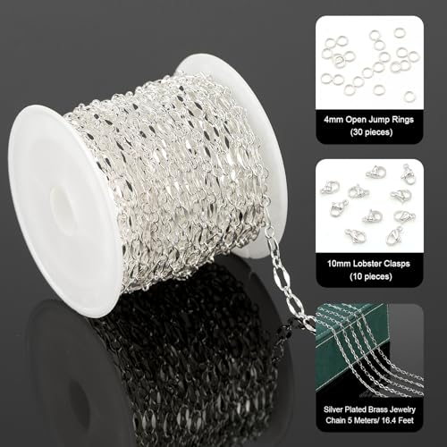 UMAOKANG 16.4 Feet Brass Chain for Jewelry Making Silver Plated Lip Chains Bulk Women Necklace Bracelet DIY Jewelry Supplies - color: Silver Lip