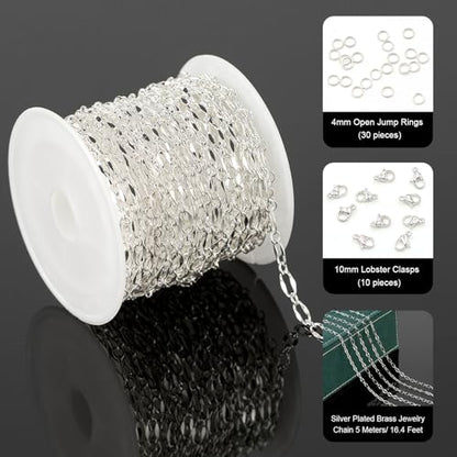 UMAOKANG 16.4 Feet Brass Chain for Jewelry Making Silver Plated Lip Chains Bulk Women Necklace Bracelet DIY Jewelry Supplies - color: Silver Lip