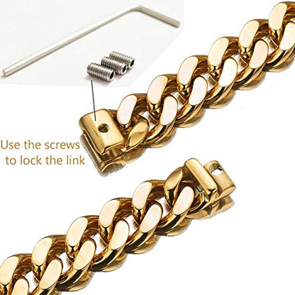 Adjustable 18K Gold Dog Collar Slip Choker Stianless Steel 15mm Big Dog Puppy Necklace Choke Chain Training Collar Cuban Link for Big Small Dog S/M/L (S) - size: S