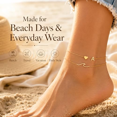 Initial Anklet Bracelets for Women, Waterproof Gold Plated Layered Ankles with Heart & Wave Charm, Non Tarnish Hypoallergenic Adjustable Summer Beach Pool Party Jewelry - style: Initial B