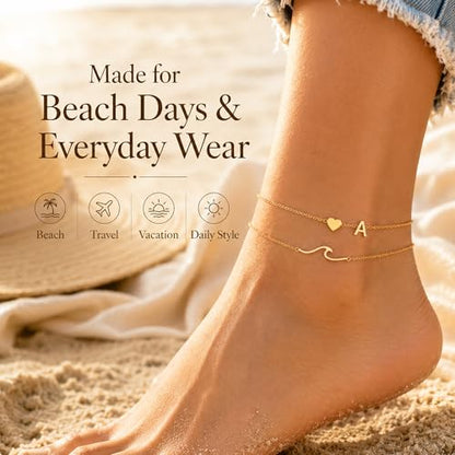 Initial Anklet Bracelets for Women, Waterproof Gold Plated Layered Ankles with Heart & Wave Charm, Non Tarnish Hypoallergenic Adjustable Summer Beach Pool Party Jewelry - style: Initial B