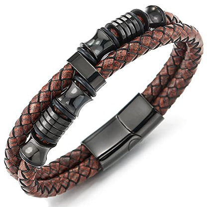 COOLSTEELANDBEYOND Mens Double-Row Braided Leather Bracelet Bangle Wristband with Black Stainless Steel Ornaments - color: G-Brown Black