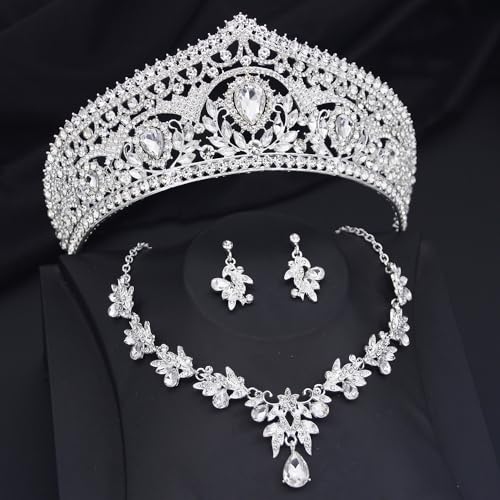 Princess Tiara Crown and Jewelry Sets for Women Wedding Rhinestone Crystal Tiaras and Crowns with Necklace Earrings Party Birthday Accessories - color: Silver White