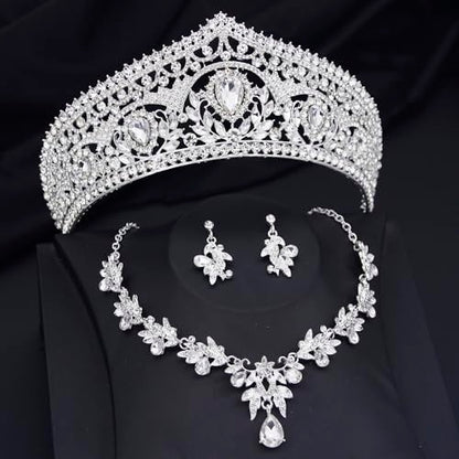 Princess Tiara Crown and Jewelry Sets for Women Wedding Rhinestone Crystal Tiaras and Crowns with Necklace Earrings Party Birthday Accessories - color: Silver White