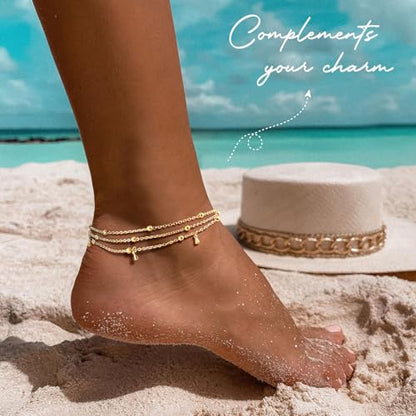 MPRAINBOW Waterproof Gold Anklets for Women - 14k Gold Plated Ankle Bracelets,Summer Beach Surf Foot Chain Multilayered Stacked Bracelet Anklet Set,Layered Trendy Jewelry for Girlfriend - color: Multilayered