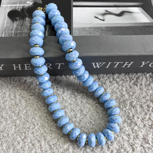 Colorful Chunky Acrylic Beaded Choker Necklaces for Women | Multicolor Faceted Beads, Sturdy Metal Chain, Adjustable Detachable, Lightweight, Summer Boho, Sparkly Statement Jewelry Gift - color: Blue
