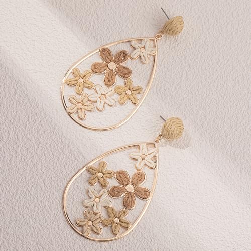 Boho Raffia Flower Teardrop Earrings Cute Colorful Dangle Trendy Jewelry | Floral Drop Statement Big Dangling Earring Hypoallergenic Gold Fun Unique Summer Spring Beach Vacation Outfits for Women - color: Nature