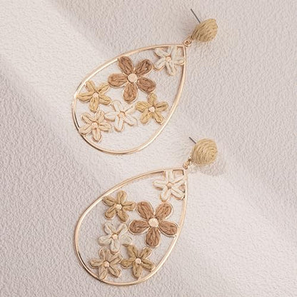 Boho Raffia Flower Teardrop Earrings Cute Colorful Dangle Trendy Jewelry | Floral Drop Statement Big Dangling Earring Hypoallergenic Gold Fun Unique Summer Spring Beach Vacation Outfits for Women - color: Nature
