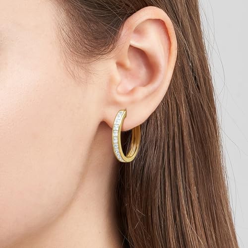 14K Gold Earrings for Women Gold Hoop Earrings for Women | Dainty Gold Earrings for Women Stylish 14K Gold Hoop Earrings for Women Square Cubic Zirconia Huggie Hoop Earrings 15/20/25mm - size: 25mm