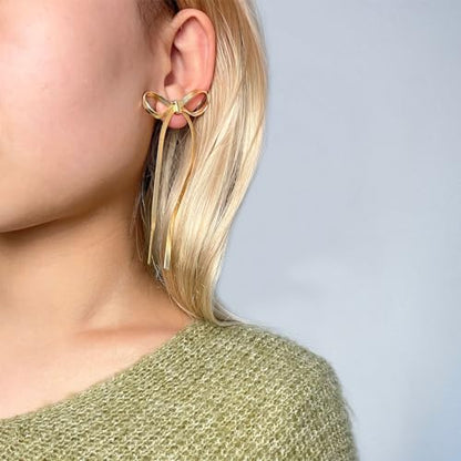 Luxval Rhinestone Earrings Dangling for Women Sparkly Silver Dangle Earrings Girls Long Chandelier Earrings Tassel Lightweight Ear Studs Cubic Zirconia Crystal Statement - color: Gold-Rope Bow