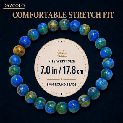 8mm Natural Crystal Stretch Bracelet | Handmade Round Stone Bead Bracelet, Runs Large, Meditation Yoga Gift for Women & Men - color: Azurite