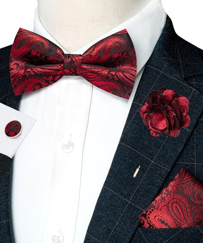JEMYGINS Mens Paisley Bow Tie and Lapel Pin Necktie Pocket Square and Tie Clip with Sets for Business Casual 4PCS - color: Red/Black