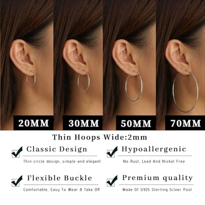 Senteria 2mm Thin 925 Sterling Silver Hoop Earrings for Women Hypoallergenic - color: silver 50mm
