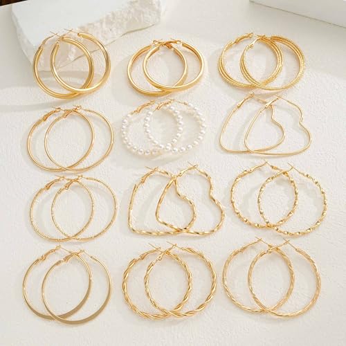 12 Pairs Chunky Gold Hoop Earrings for Women Trendy, Gold Plated Lightweight Hypoallergenic Stack, Thick Open Twisted Huggie Hoops Earring Set - color: 12 Pairs Gold Big Dainty