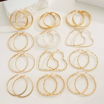 12 Pairs Chunky Gold Hoop Earrings for Women Trendy, Gold Plated Lightweight Hypoallergenic Stack, Thick Open Twisted Huggie Hoops Earring Set - color: 12 Pairs Gold Big Dainty