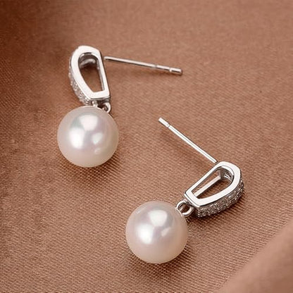 Delicate Imitation Pearl Dangle Earrings with Sparkling CZ for Women - color: Silver Color